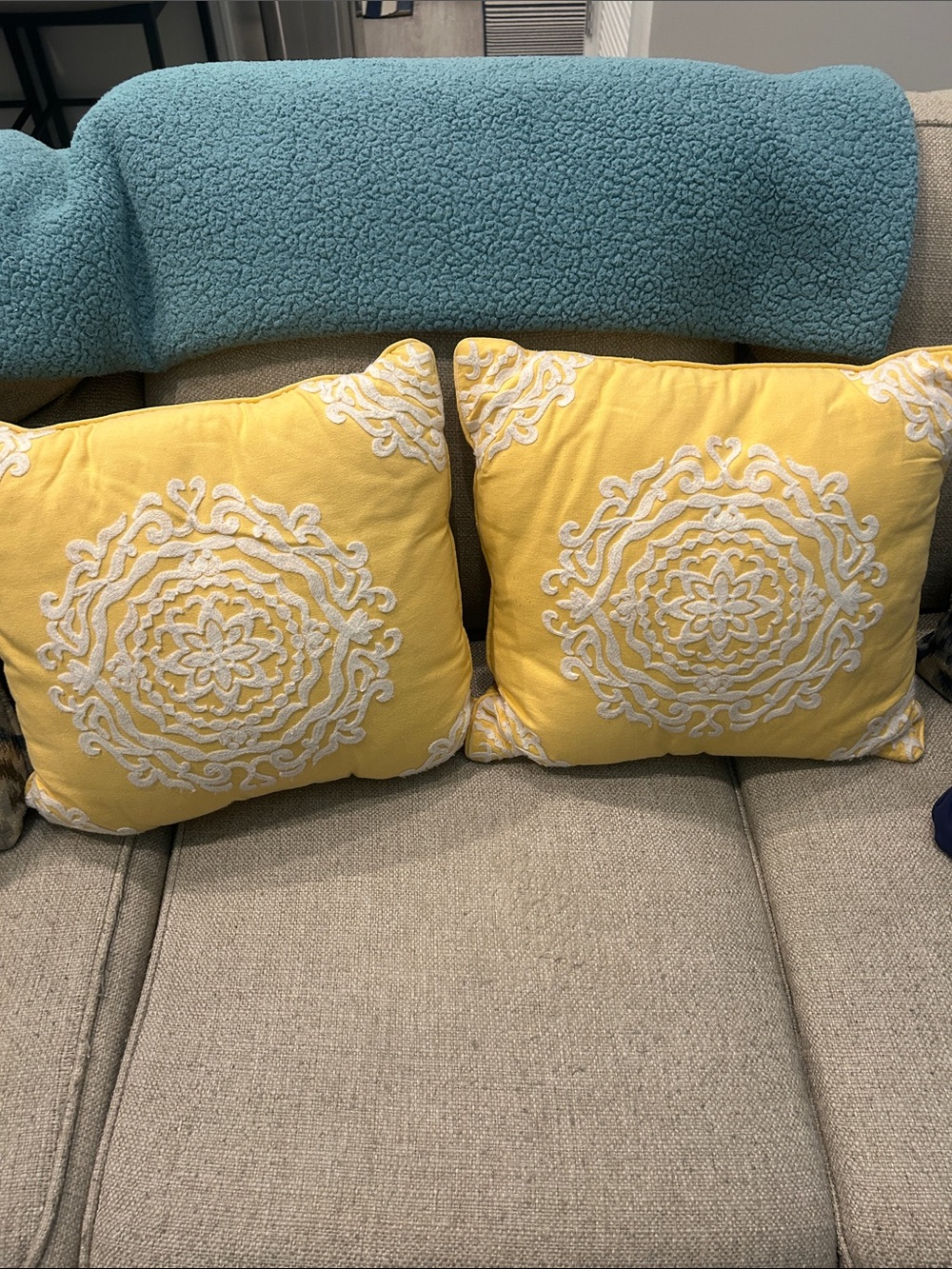 Yellow Embroidered Decorative Throw Pillow Pair